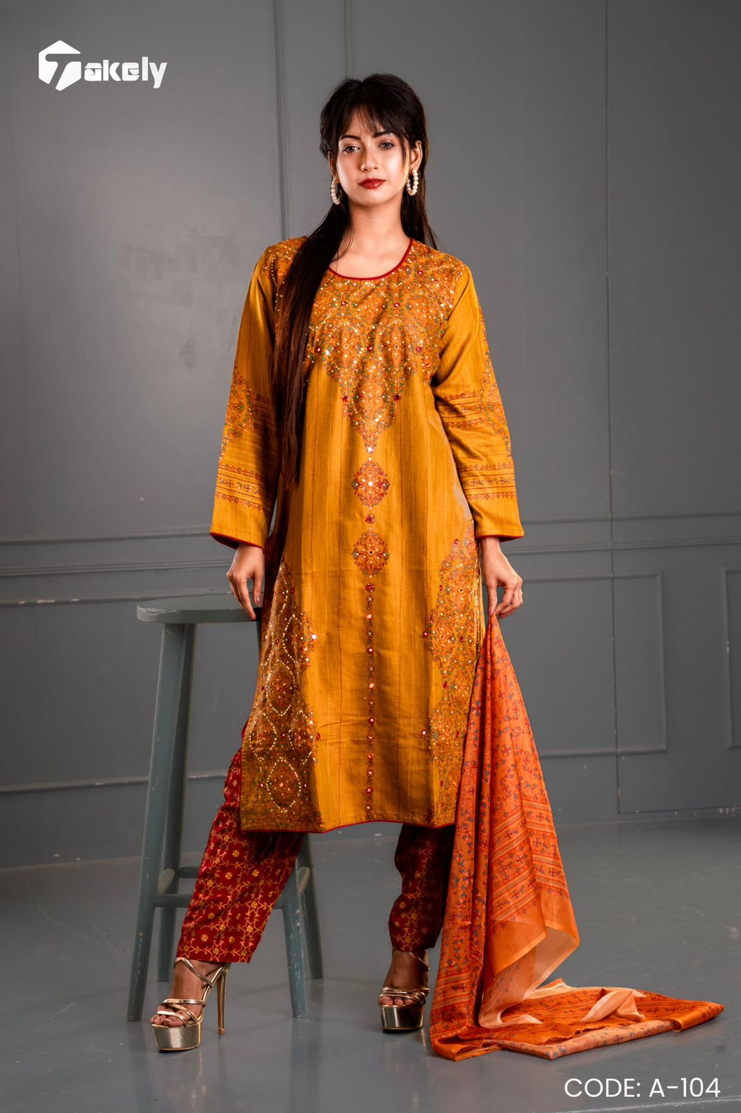 Chinigura Cotton Three Piece – Embroidered with Printed Dupatta | A-104