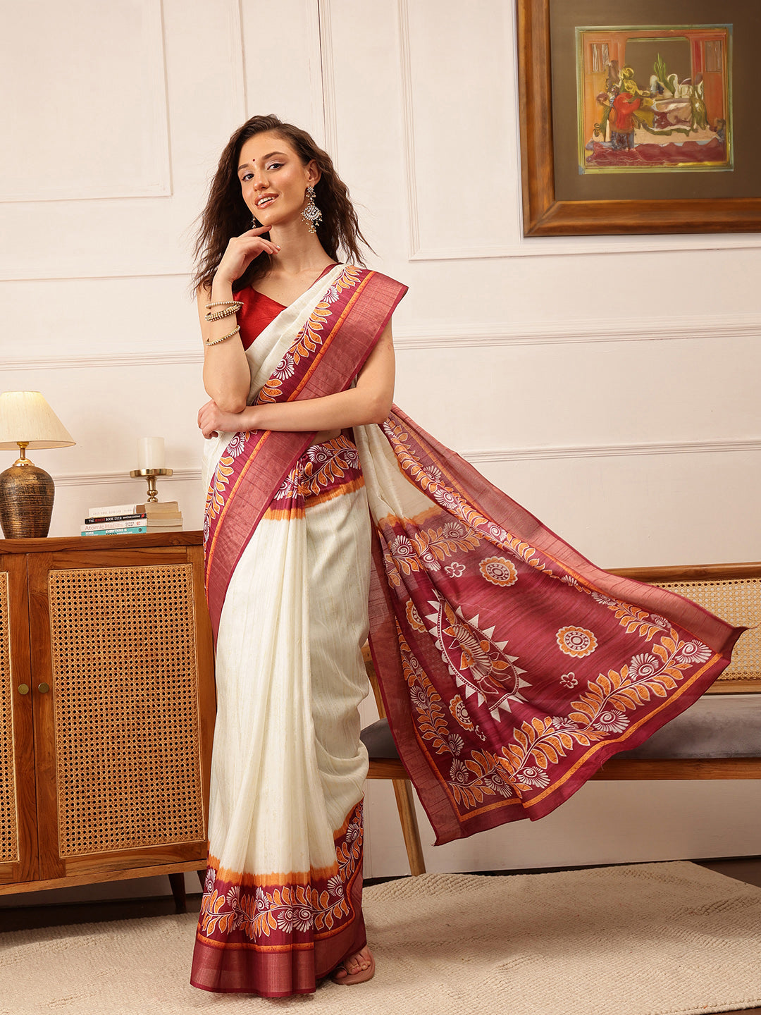 Cream Katan Par Pure Silk Saree With Blouse Piece | DG-129