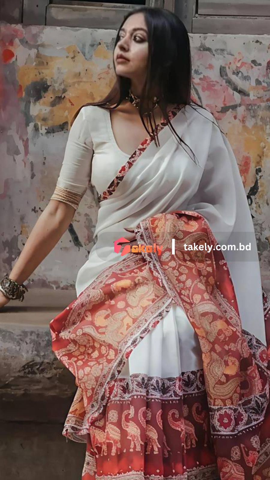 White Leaf Digital Printed Linen Cotton Saree | DG-202