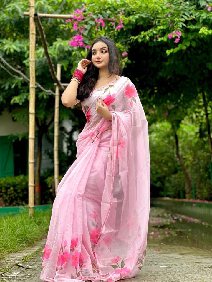 Semi Moslin Silk Hand Paint Saree Pink Color