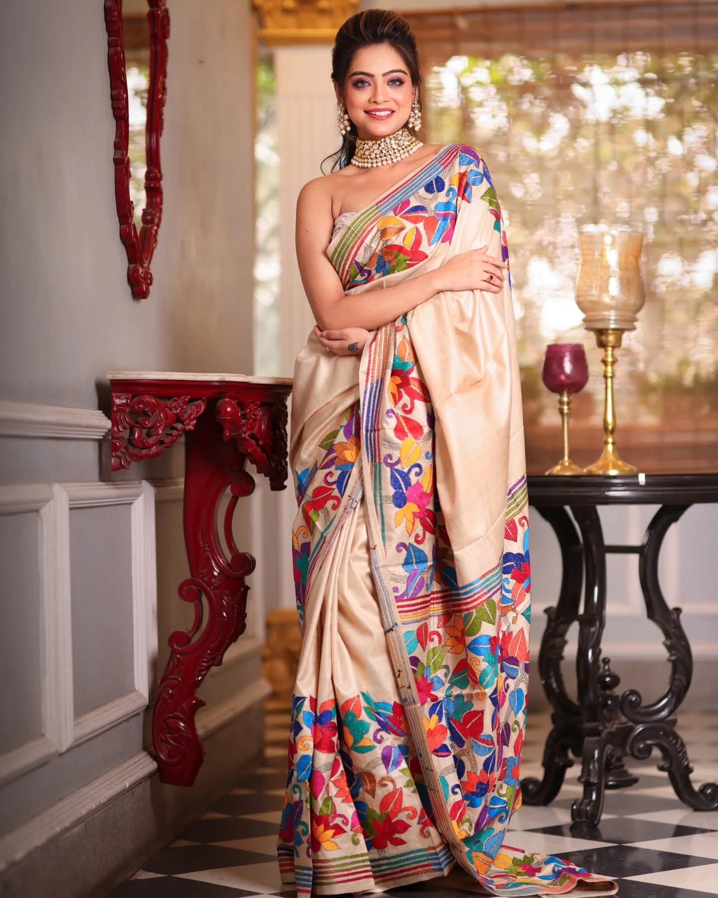 Cream Color Pure Soft Silk Digital Print Saree | DG-214