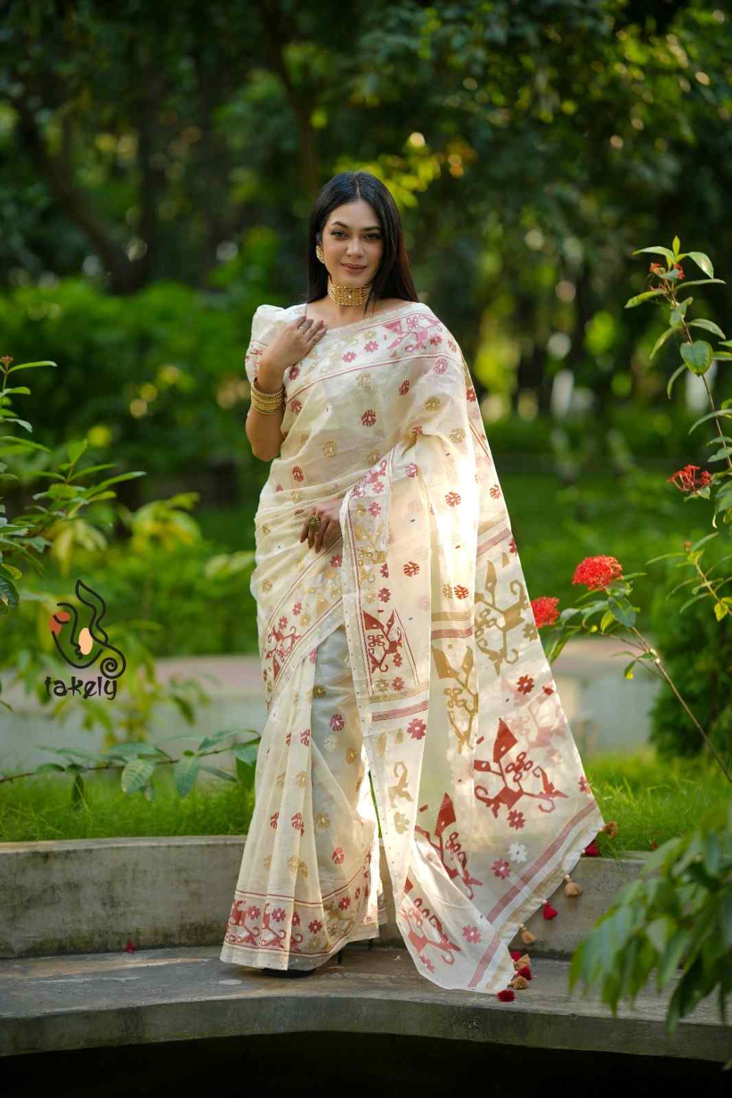 Jori Print Jamdani Motive Mosiln Silk Saree With Blouse Piece | MSS-01