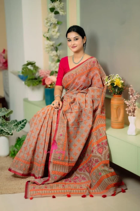 Kath Block and Embroidery Saree with mirror work | BLS-01