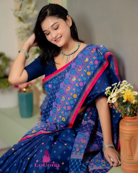 Kath Block And Embroidery Saree With Mirror Work | BLS-02
