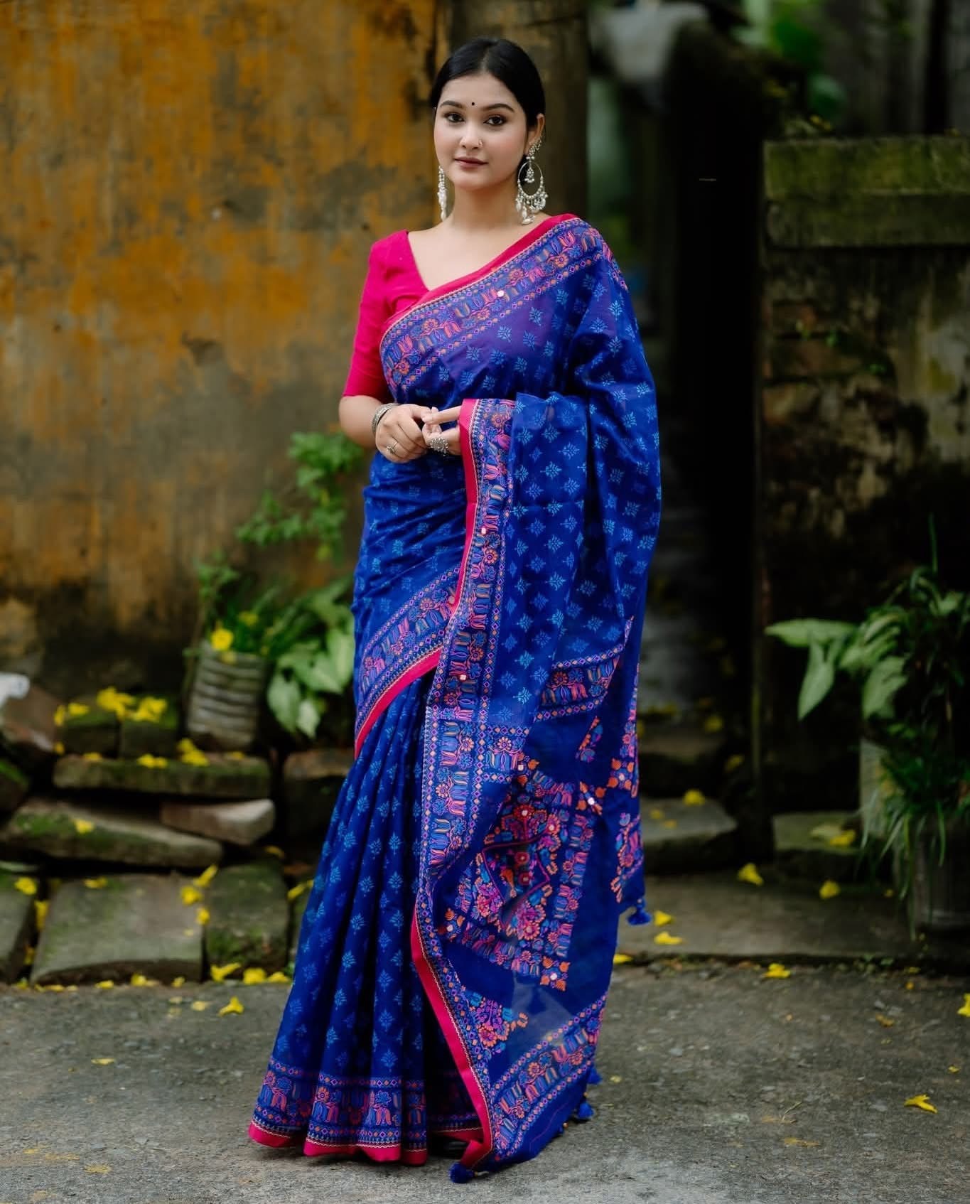 Kath Block And Embroidery Saree With Mirror Work | BLS-05