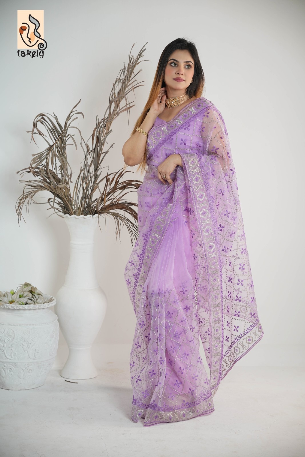 Purple Color Organza Silk Embroidery Saree With Running Blouse | EMB-116