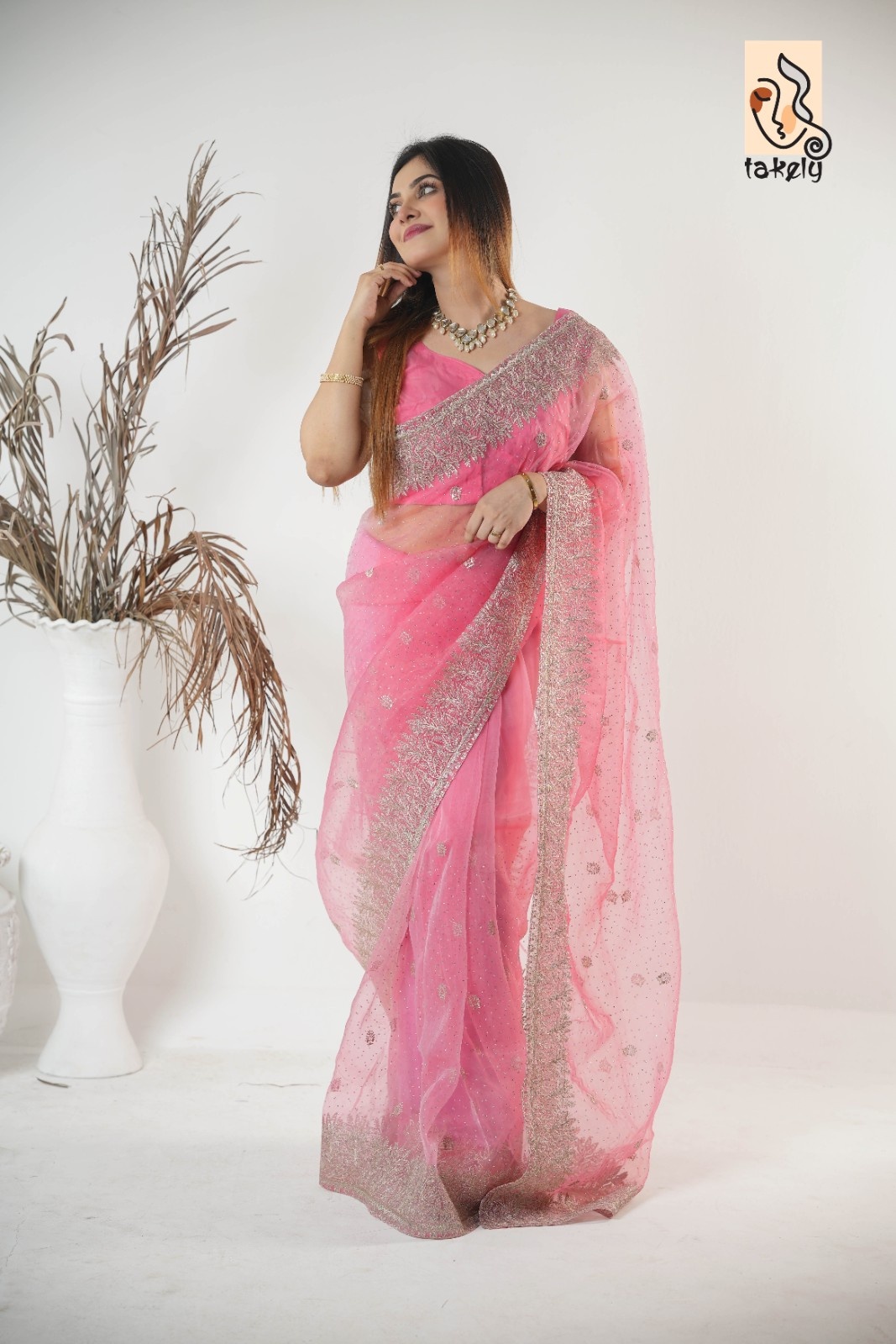 Rose Pink Color Organza Silk Stone Work Saree With Running Blouse | EMB-201