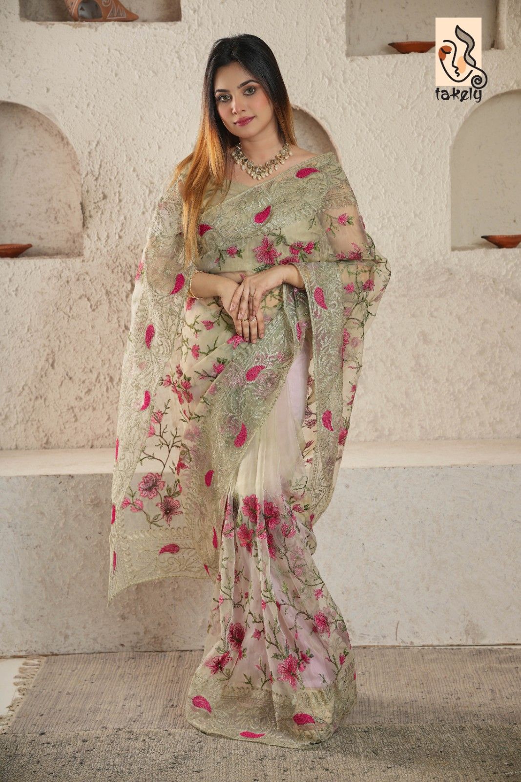 Light Olive Color Organza Silk Embroidery Saree With Running Blouse | EMB-300