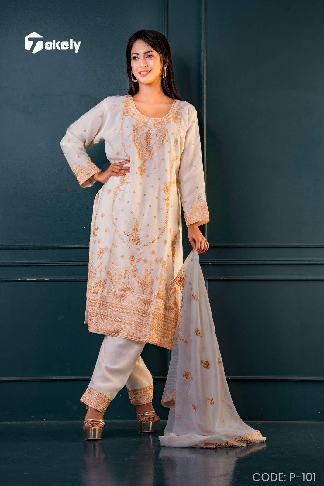 Light Olive Georgette Three Piece – All Over Embroidered | P-101