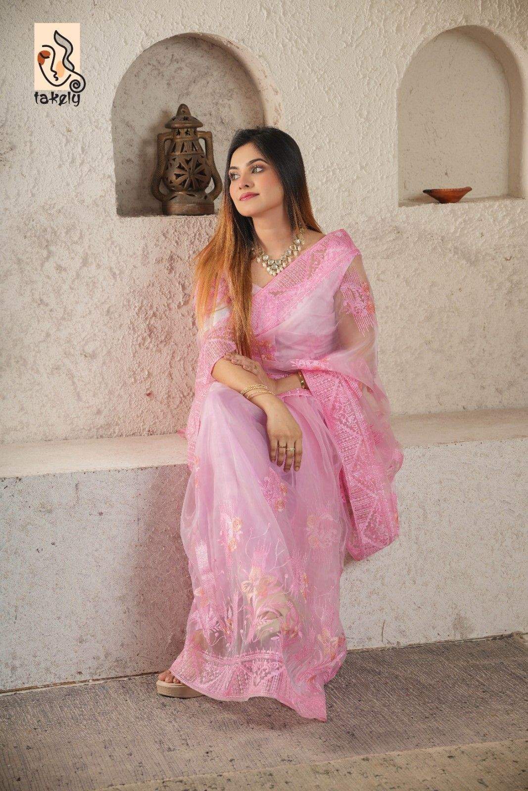 Baby Pink Color Organza Silk Embroidery Saree With Running Blouse | EMB-303