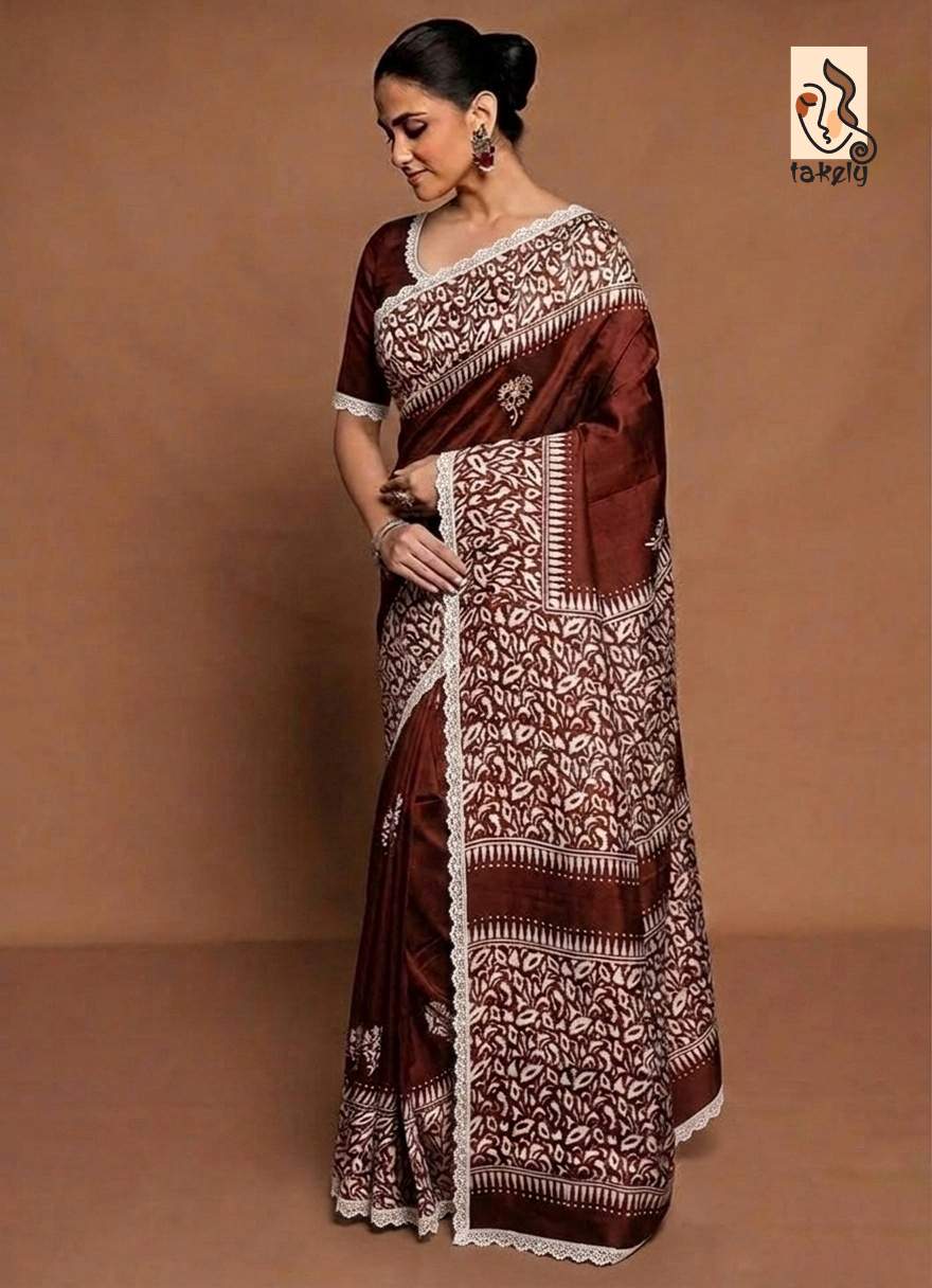 Chocolate Brown Ivory Digital Print Pure Silk Saree With Blouse Piece | DG-150