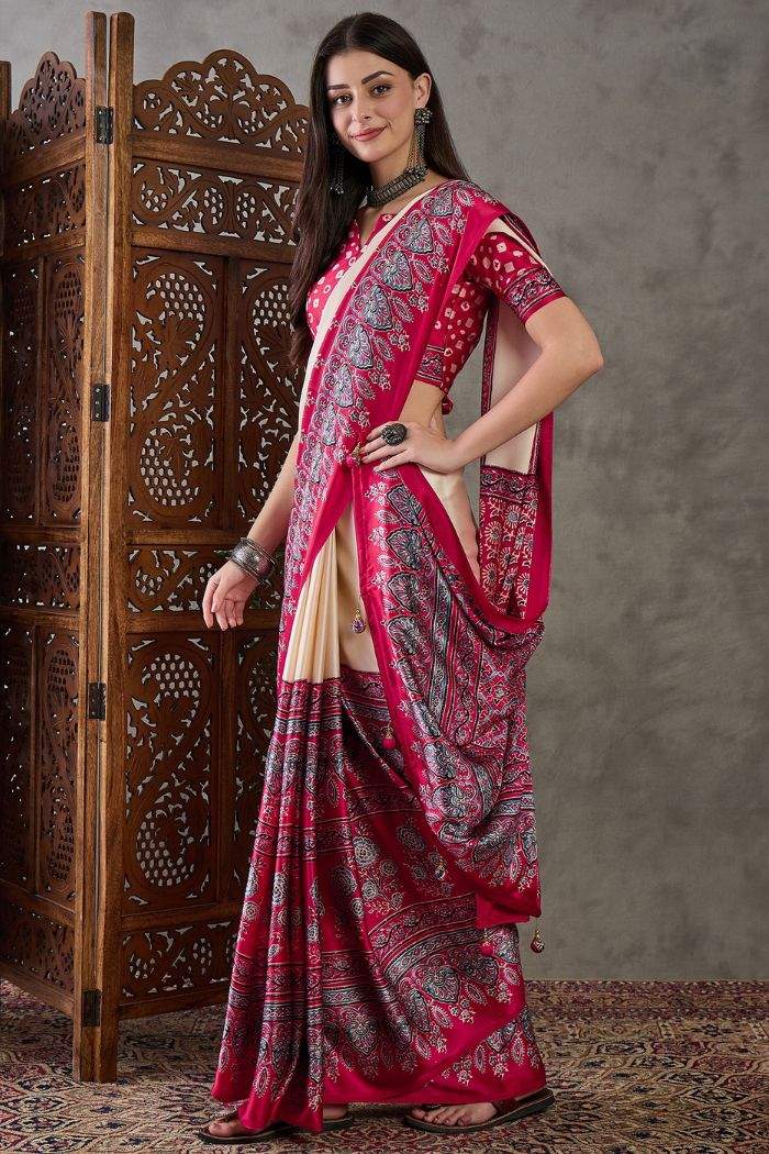 Dust Cream and Red Ajrakh Printed Soft Takely Silk Saree | DG-251