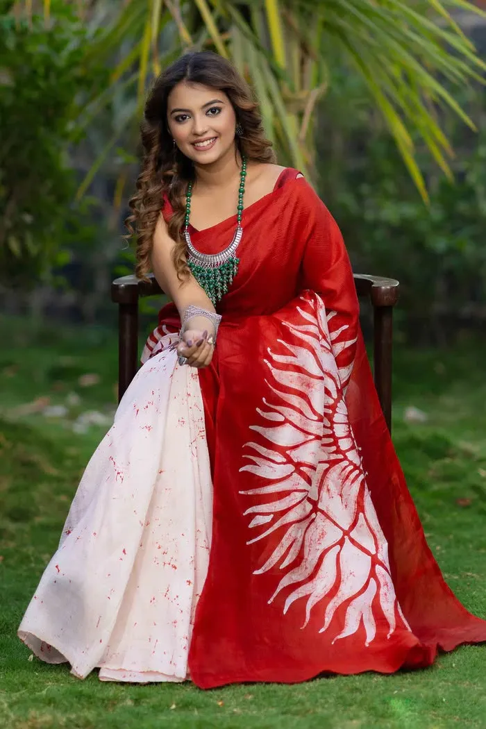 Red batik design digital print silk saree