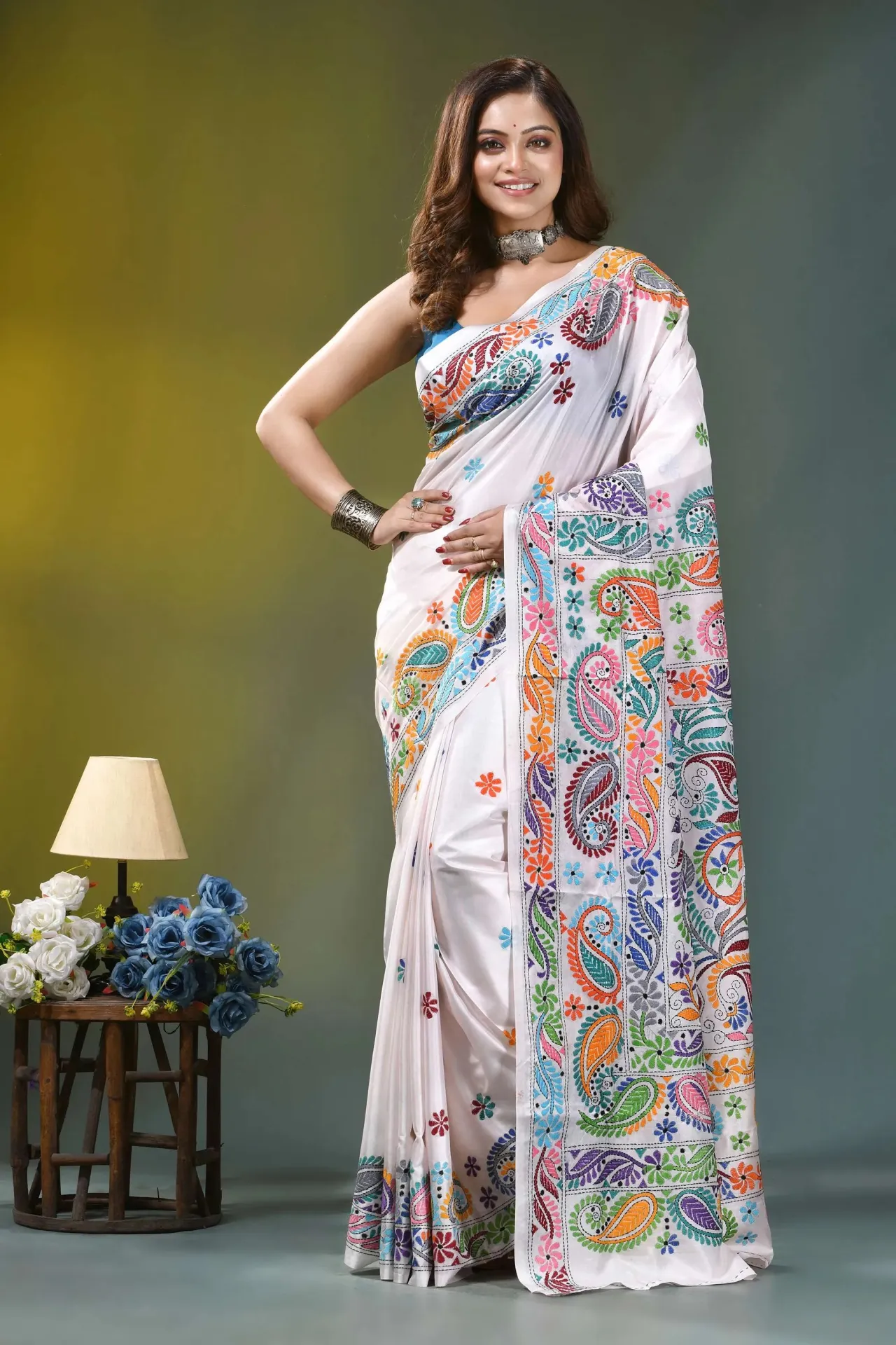 Kantha Stitch Design Digital Printed Pure Silk Saree With Blouse Piece