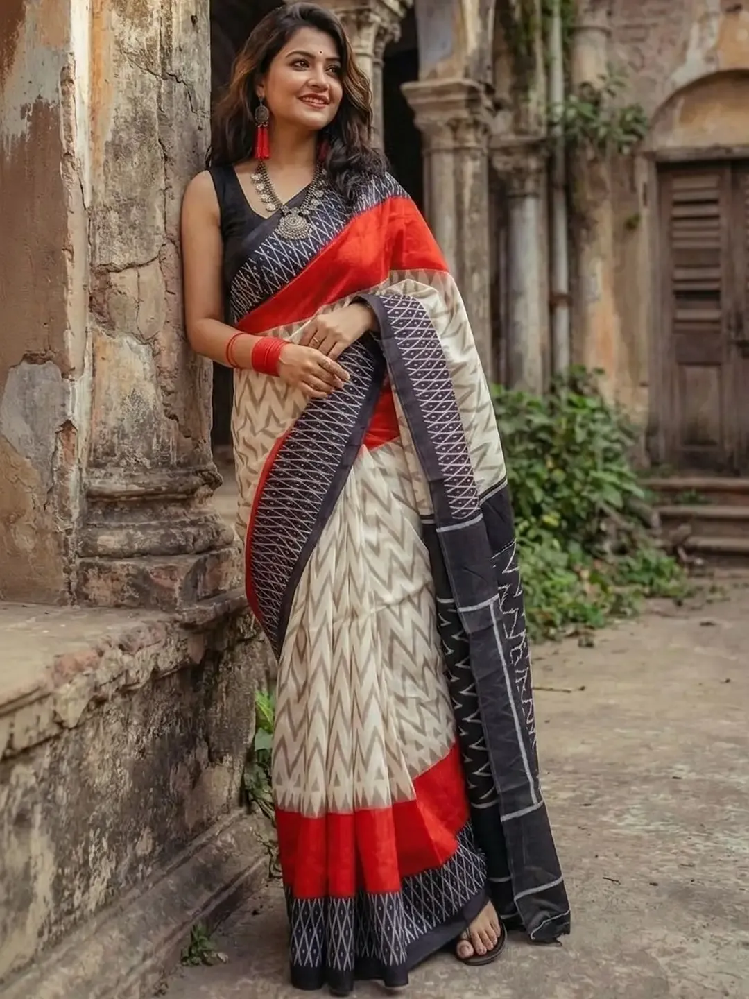 Ikat Design Digital Printed Chanderi Silk Saree With Blouse Piece