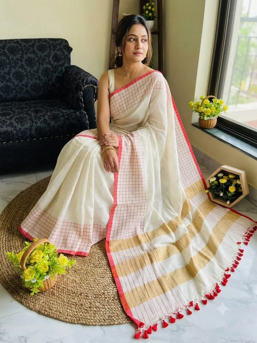 Exclusive Handloom Pure Cotton Saree With Running Blouse