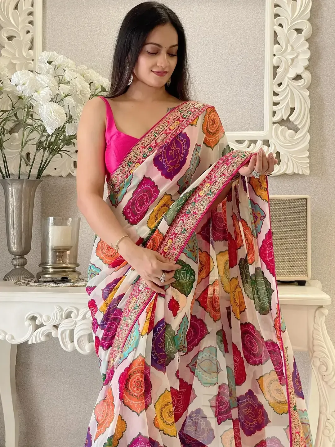 Bandhani Digital Printed and Lace Embroidered Work Chanderi Silk Saree With Blouse piece