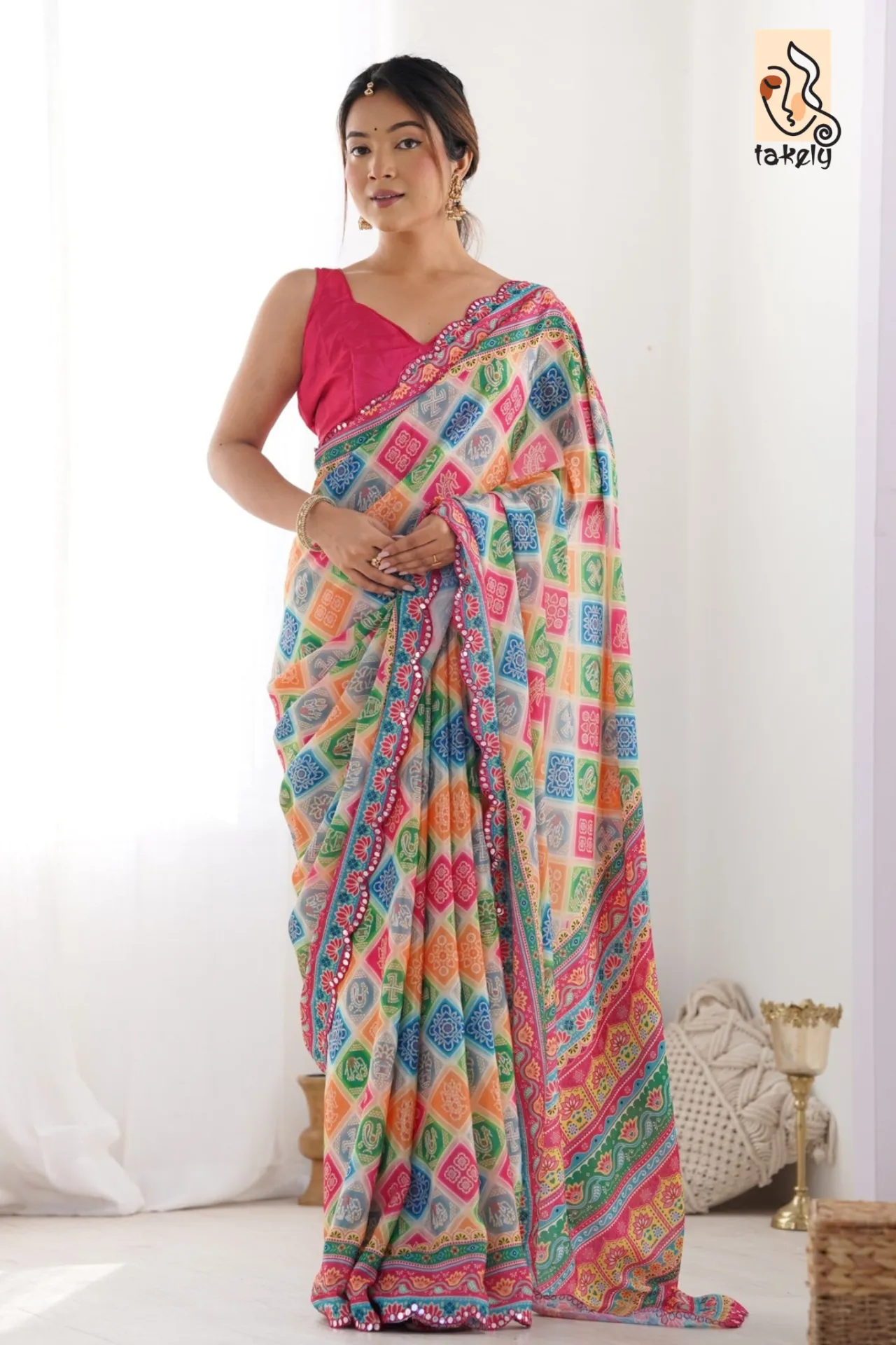 Multicolor Digital Printed Chinon Saree With Lace Work