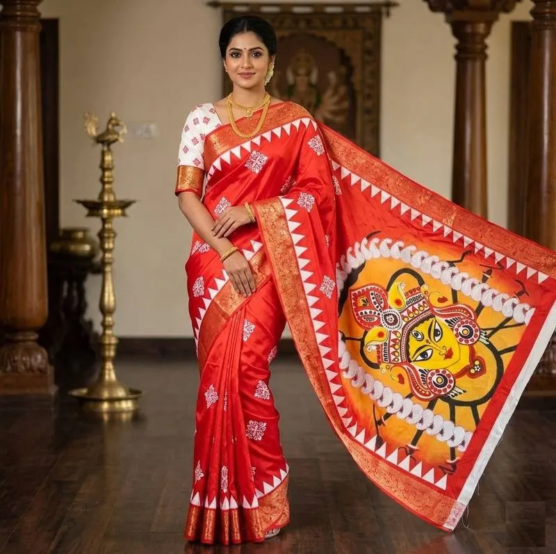 Red Color Digital Printing Durga Pooja Work Katan Silk Saree