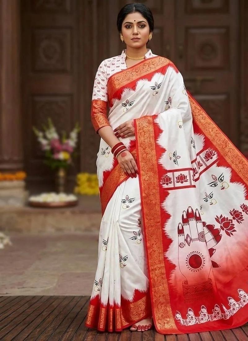 Premium Katan Silk Durga Puja Digital Print Saree