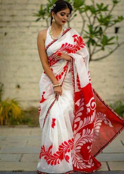 White and Red soft Silk Saree With Blouse Piece