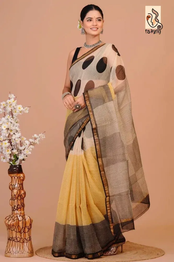 Traditional Block Design Digital Print Kota Doria Cotton Saree - Multicolour