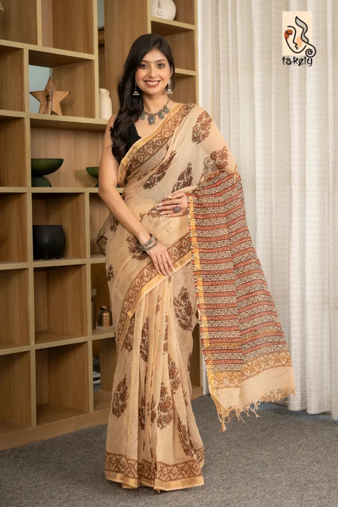 Traditional Block Design Digital Print Kota Doria Cotton Saree