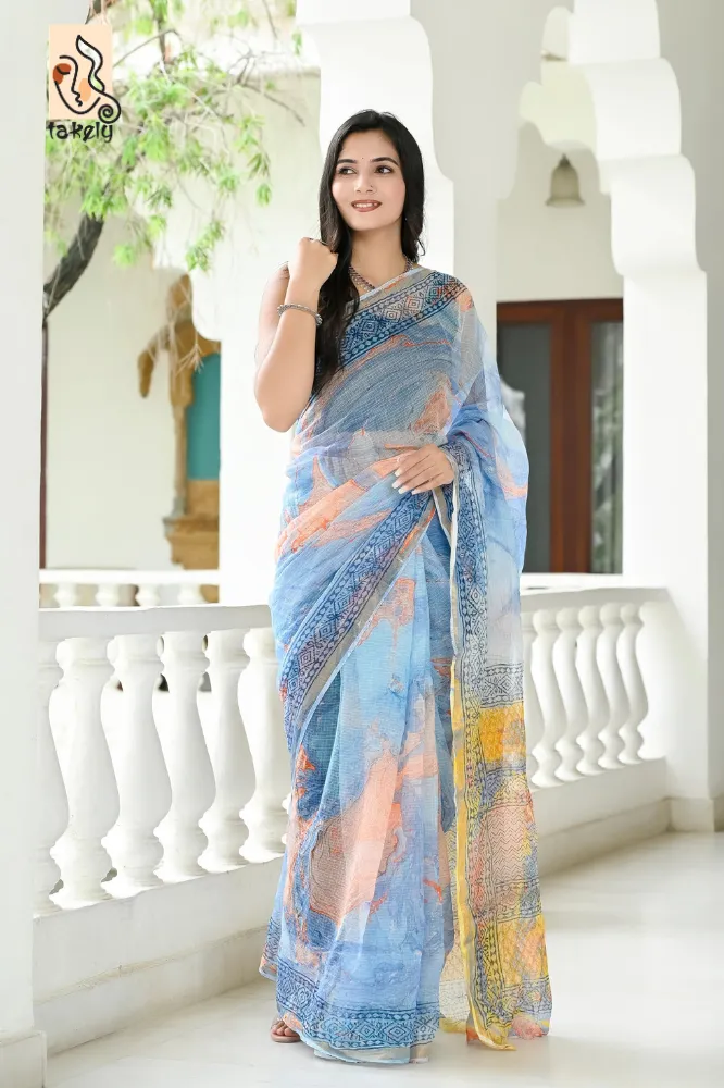 Traditional Block Design Digital Print Kota Doria Cotton Saree