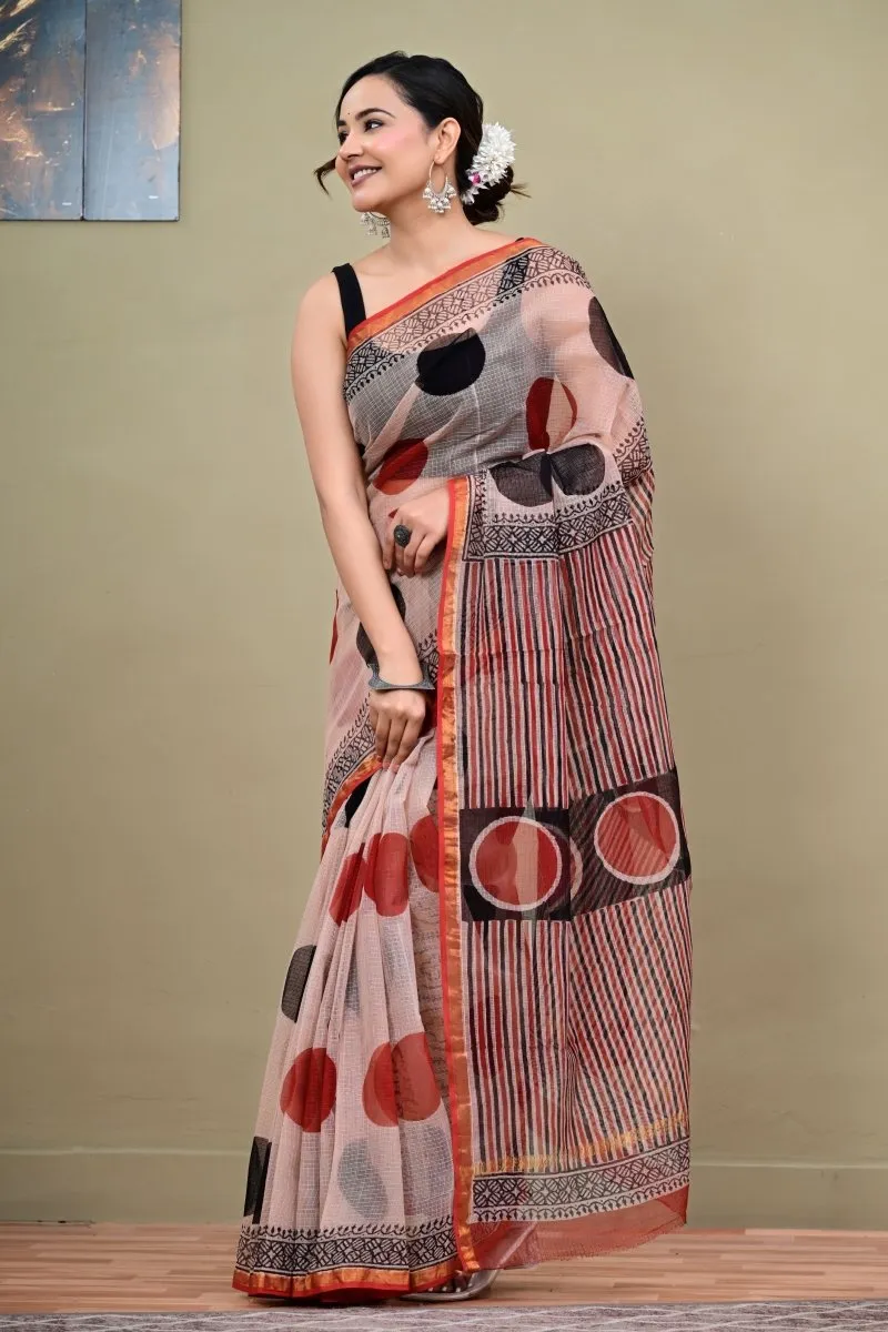 Traditional Block Design Digital Print Kota Doria Cotton Saree