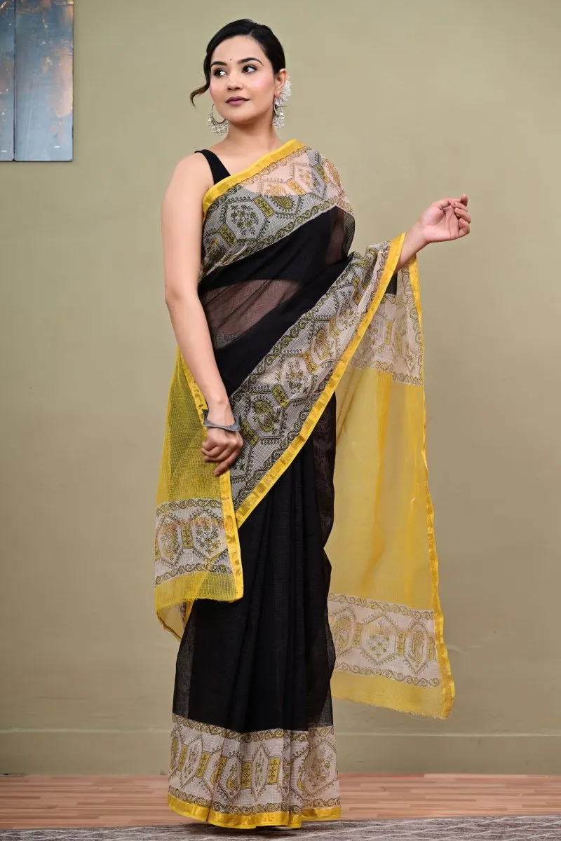 Traditional Block Design Digital Print Kota Doria Cotton Saree