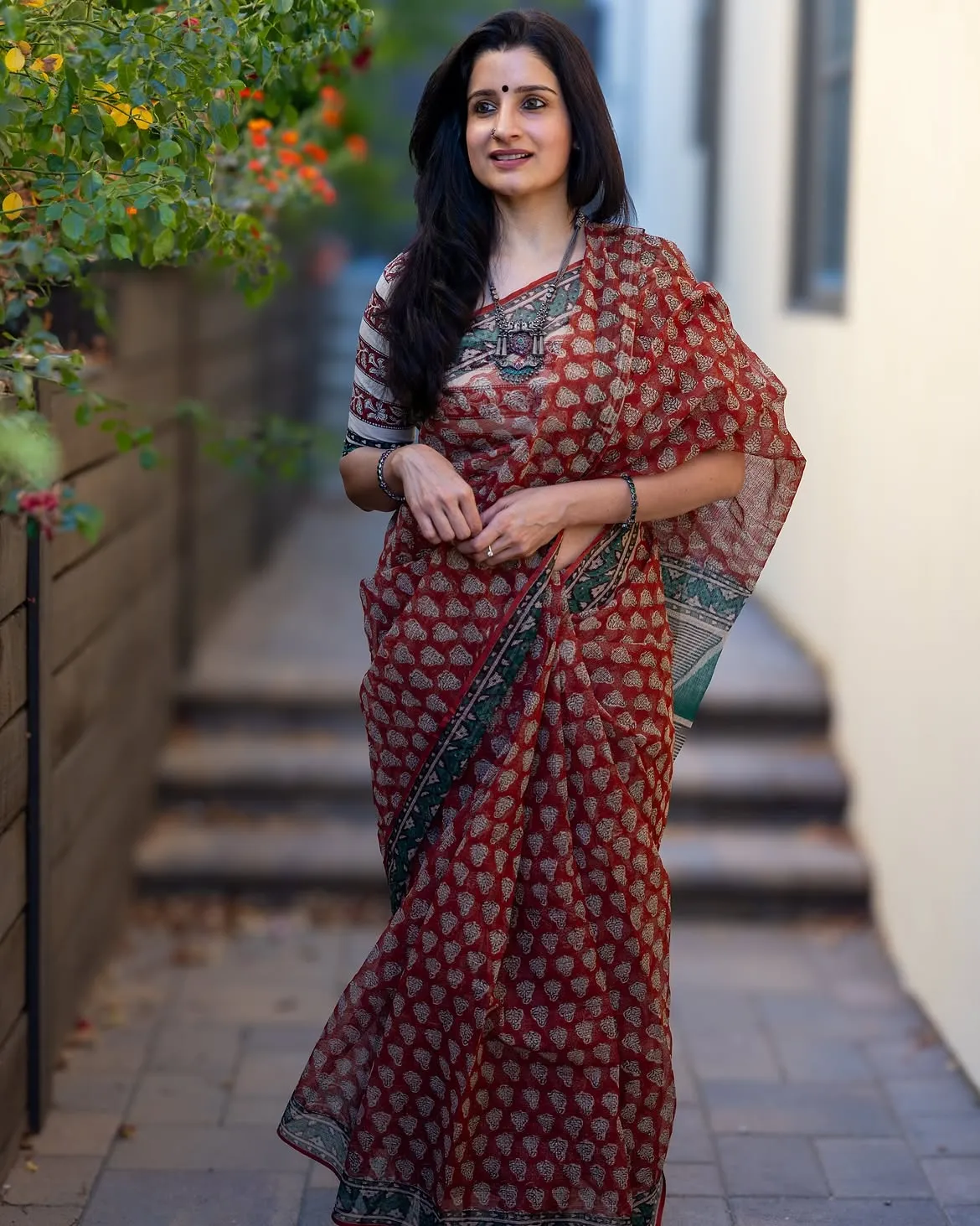 Traditional Block Design Digital Print Kota Doria Cotton Saree