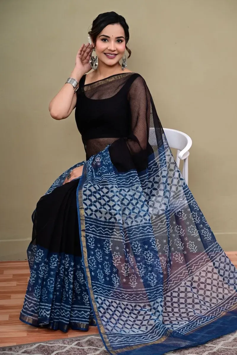 Traditional Block Design Digital Print Kota Doria Cotton Saree