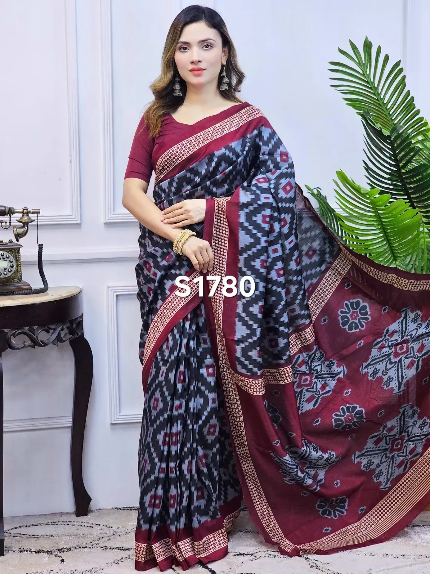 Ikkat Design Chanderi Silk Digital Printed Saree With Blouse Piece