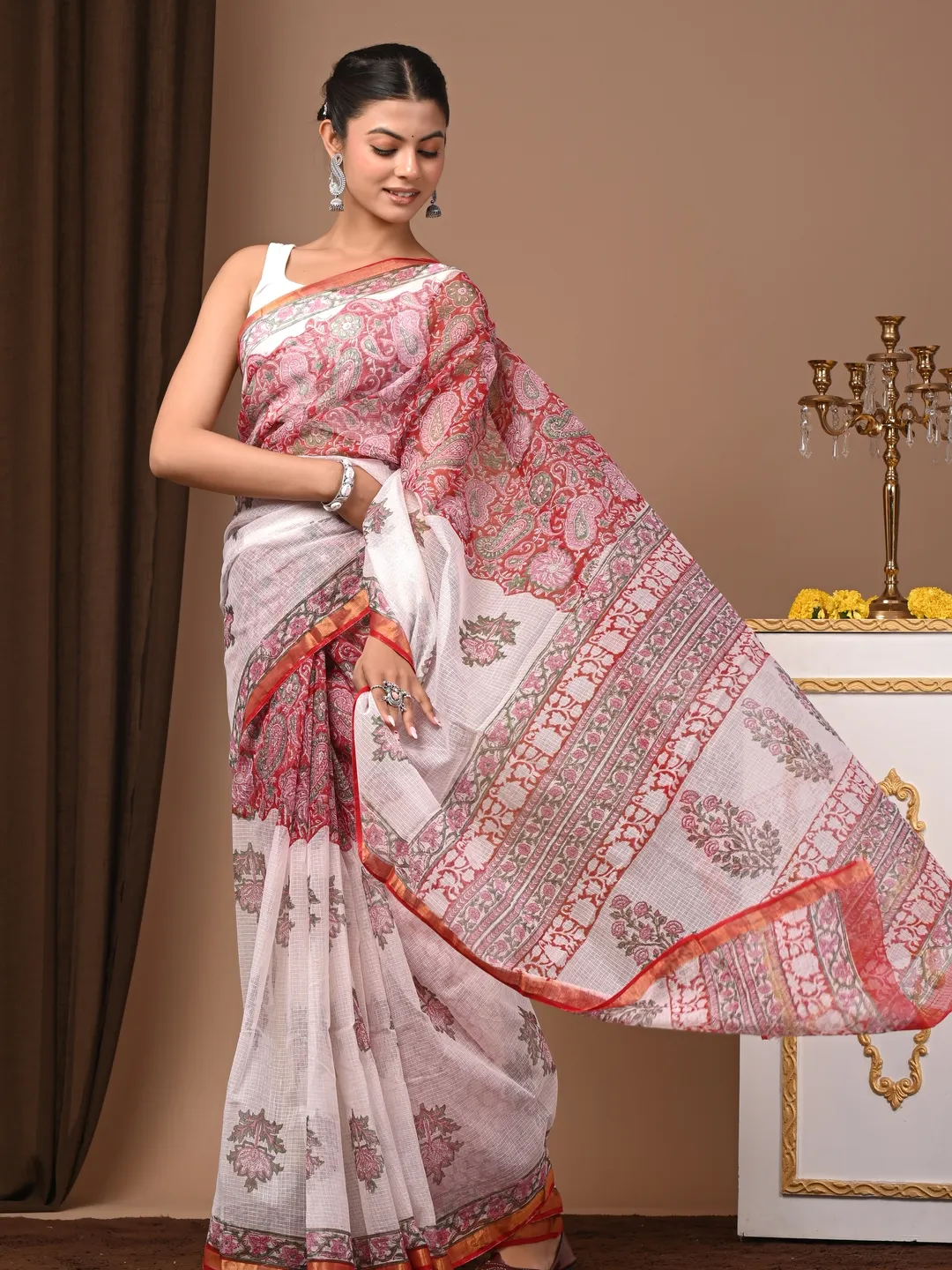 Traditional Block Design Digital Print Kota Doria Cotton Saree