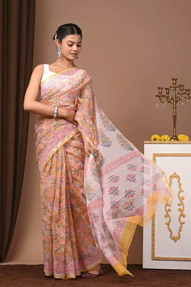 Traditional Block Design Digital Print Kota Doria Cotton Saree