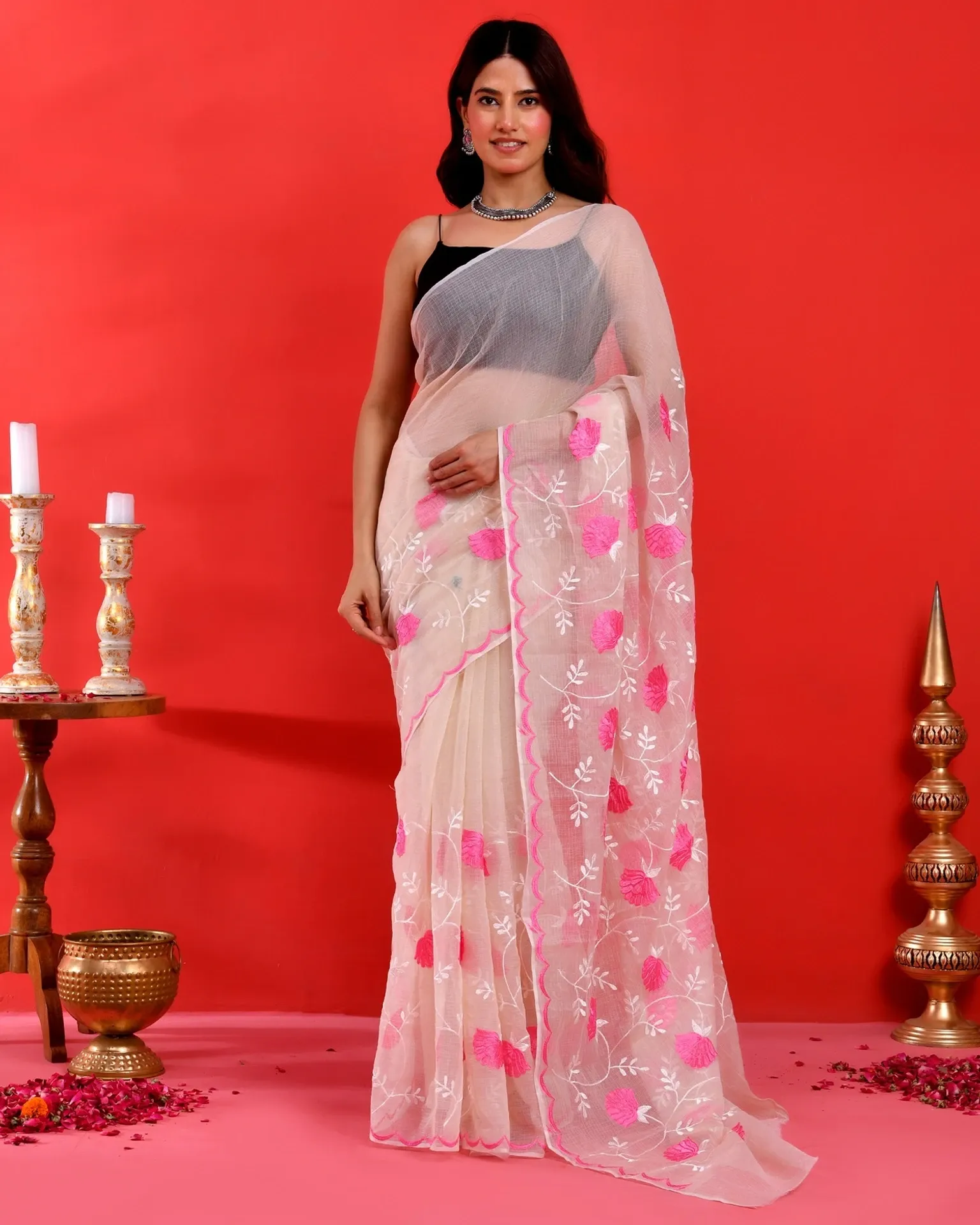 Embroidered Kota Doria Cotton Blend Saree (Beige)