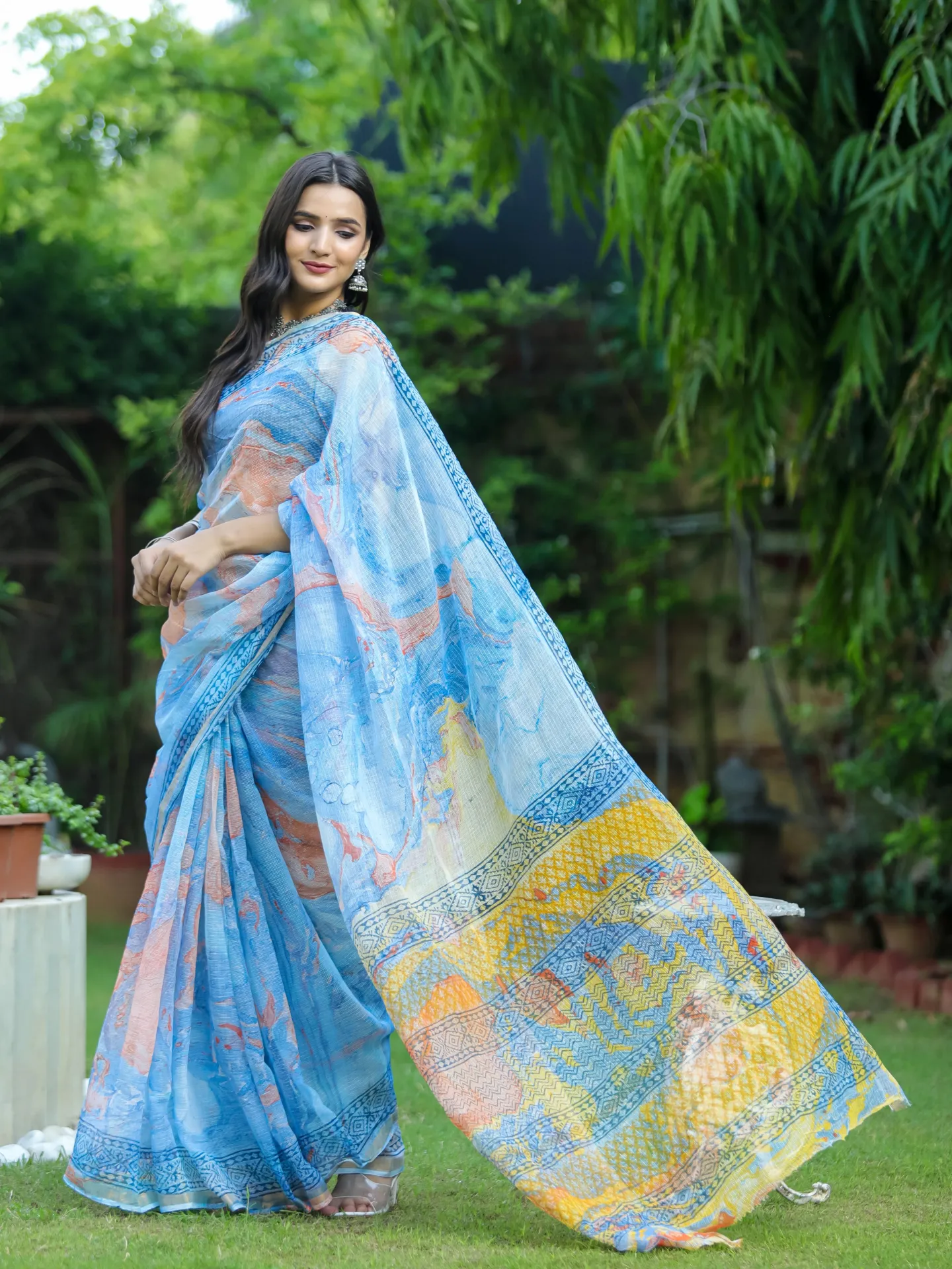 Traditional Block Design Digital Print Kota Doria Cotton Saree