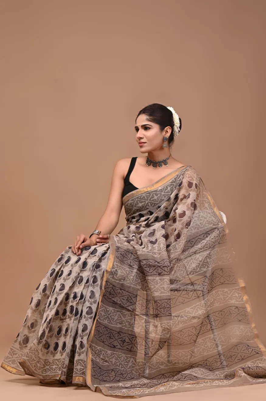 Navy Floral Hand Block Printed Kota Doria Saree